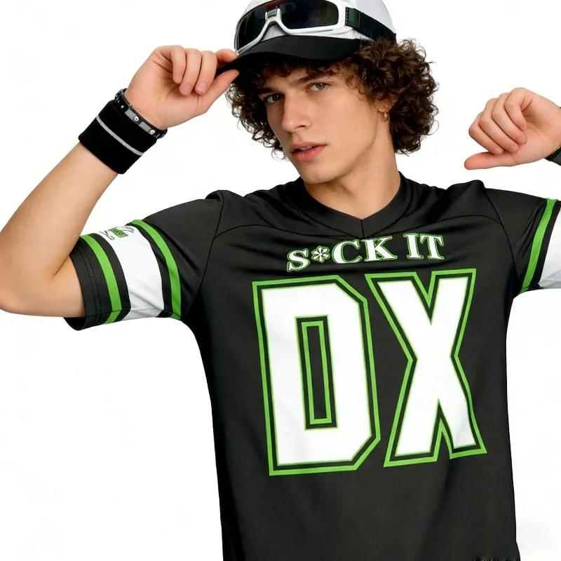 2026 New Fashion Men Retro Letter Print Short Sleeve Jersey Black Green Stripe Sports T Shirt Outdoor Workout Casual Fashion Tee