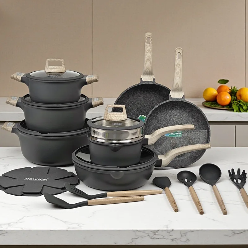 22-Piece PFOA Free Kitchenware Collection 18cm Steamer 20-28cm Casserole Deep Pan 6 Utensils Mats Advanced Coating Bundle
