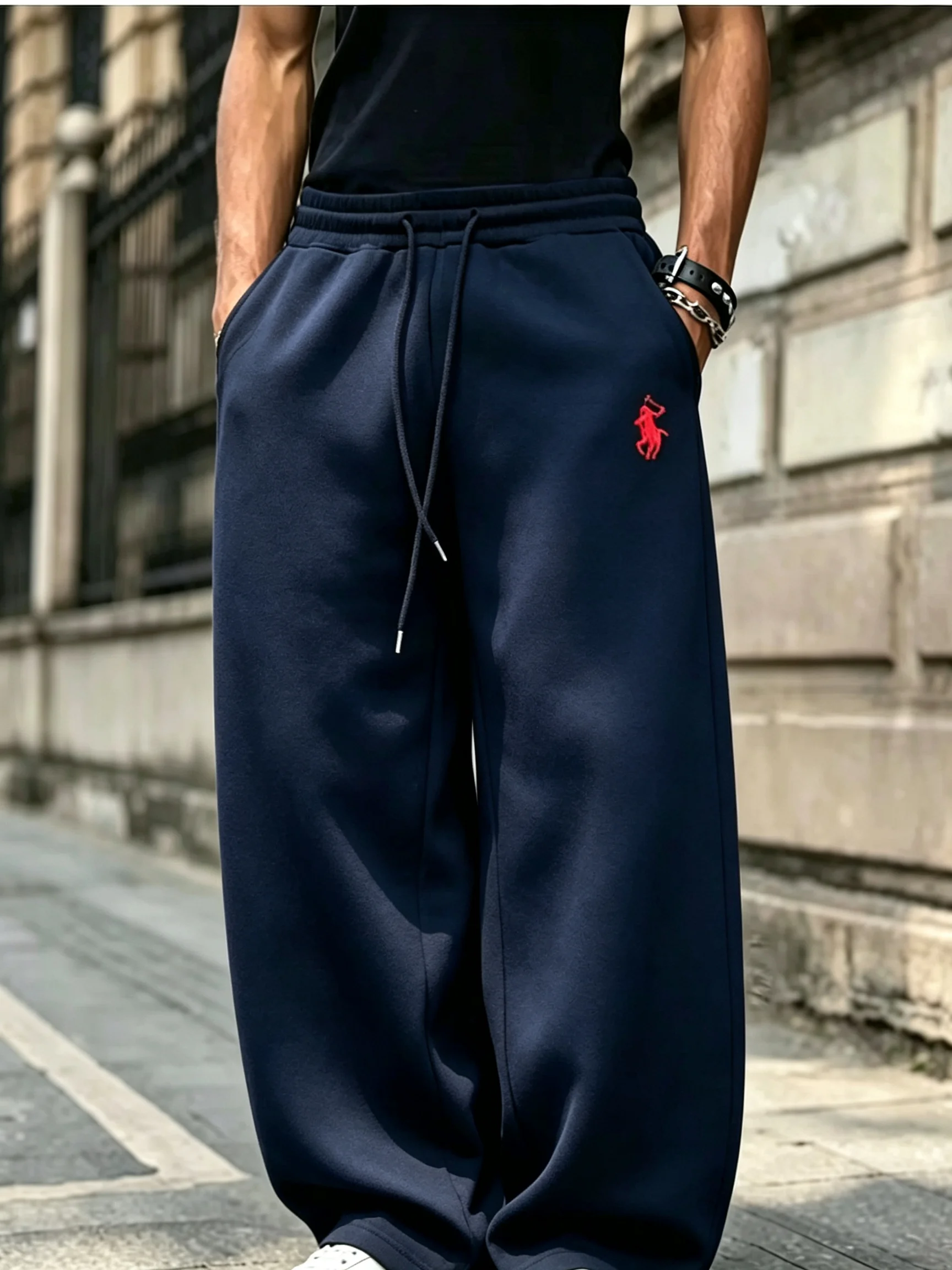 2026 Herren Streetwear Weitbeinige Jogginghose mit Hufeisenförmiger Stickerei, Lässige Sport-Langhose, Modische Weite Hose für den Herbst – Detail 6