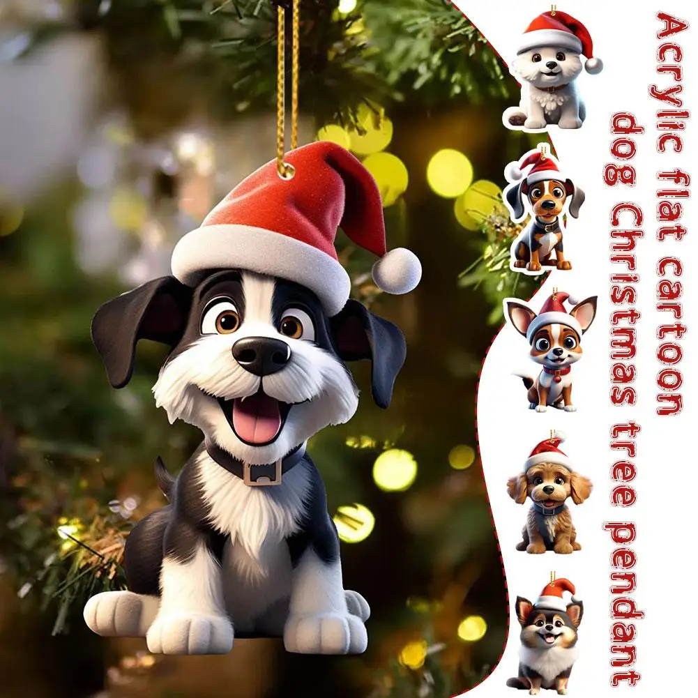 2D Acrylic Cartoon Dog Christmas Tree Pendant Christmas Garland Bead Print 2D With Cartoon Lights Christmas Cute DogDouble S0M3