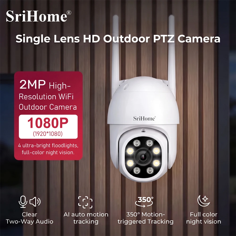 SriHome 2MP WIFI IP-Kamera IP66 Wasserdicht für den Außenbereich, AI-Erkennung von menschlichen Körpern, Starlight-Farb-Nachtsicht, CCTV-Babyphone SP028