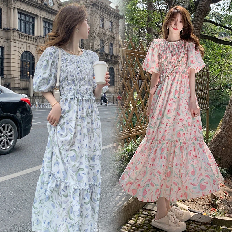 Japanese Style Maternity Holiday Dress Puff Sleeve Summer Pregnant Woman Floral Dress Fashion Printed Long Loose Pregnancy Dress