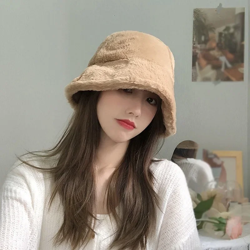 Women Solid Color Windproof Bucket Hat Fisherman Cap Headwear Sun Hat Faux Fur Winter Hat Thick Warm