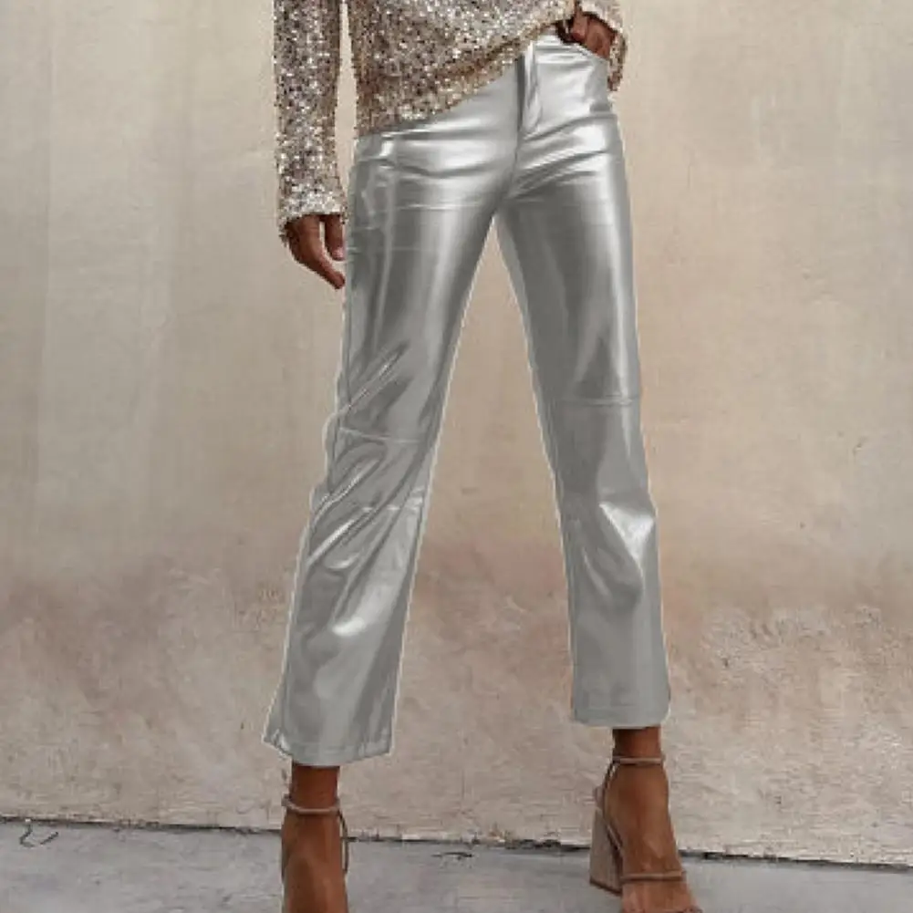 

Women Pants Slim Fit Glossy Shiny Faux Leather Pockets Mid Waist Zipper Button Closure Breathable Club Party Lady Ninth Pants