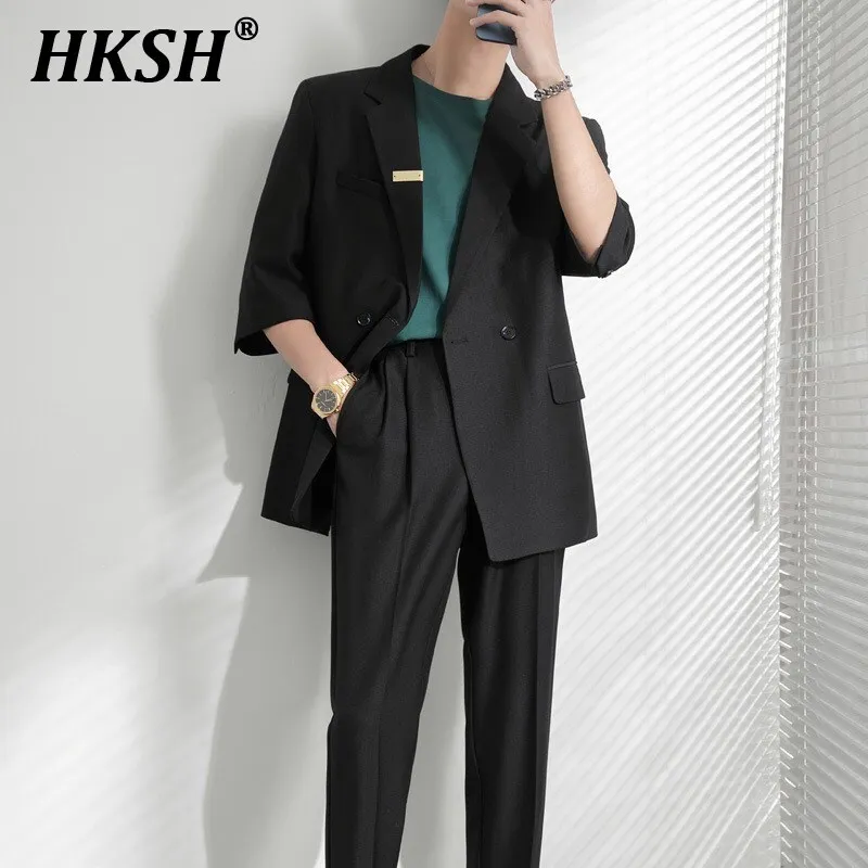 

HKSH Summer Autumn New Men's Tide Light Mature Short Sleeve Blazer Chic Korean Pants Youth Trendy Loose Casual Streetwear HK2120