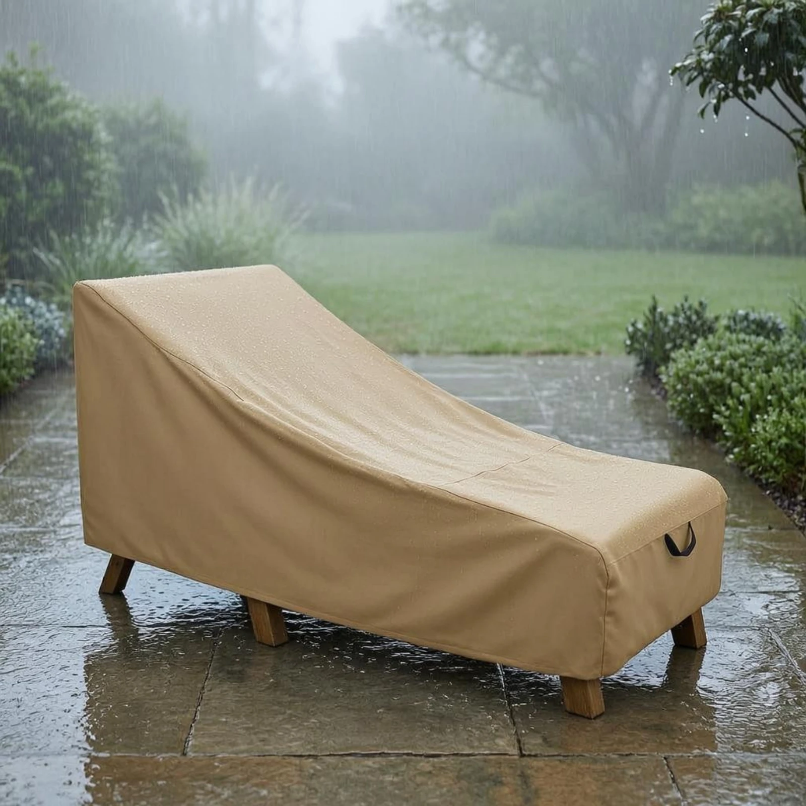 Patio Chaise Lounge Cover Khaki Chaise Lounge Cover Shielding Slipcover Tailored Fit Outdoor Protection Sloped Top view 5