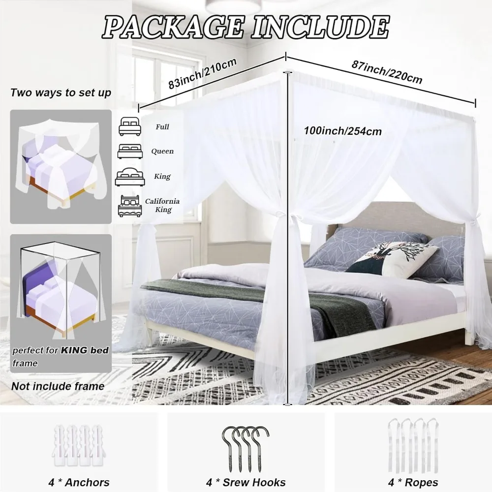 White Bed Canopy Curtains for Queen/King Beds, 4 Corner Design with Ripstop Polyester, Easy Installation