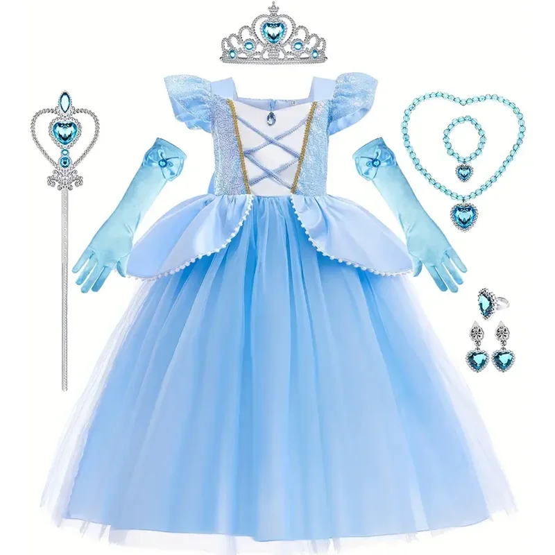 Cinderella Cosplay Costumes Kids Clothes for Girls Sequins Princess Dress with Crown Gloves Birthday Party Ball Gown 3-10 Years