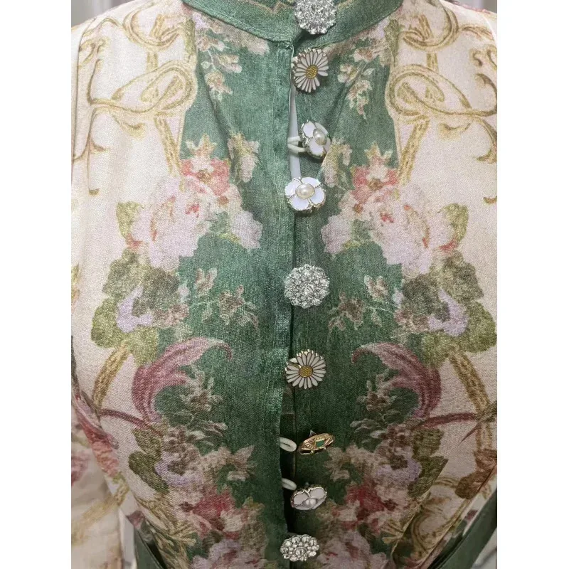 

Fashion Skirt New Style Heavy Work Button Lantern Sleeve Light Green Printed Vacation Casual Long Large Swing Dress With Belt