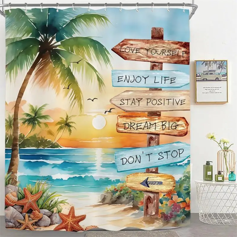

Tropical Beach Palm Tree Shower Curtain Ocean Coastal Sunset Watercolor Scenery Inspirational Art Printed Fabric Bathroom Decor