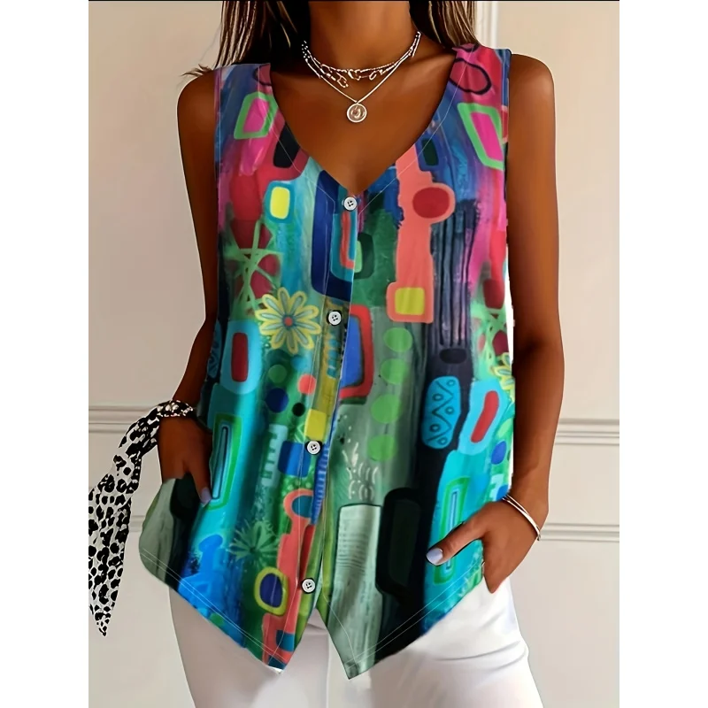 

Women'S Printed Sleeveless Shirt with a And Buttons