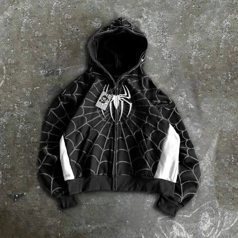 Y2k Anime Zip Up Hoodie Men Women Spider Web Pattern Red Hoodie Gothic Harajuku Oversized Hoodie Fashion Sweatshirt Clothes