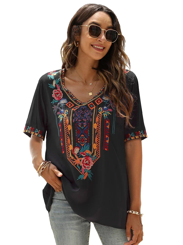 Khalee yose zwart gebloemd borduurwerk blouse tops boho vintage chique v-hals vrouwen shirt 23xl losse hippie dames vakantie shirt tops