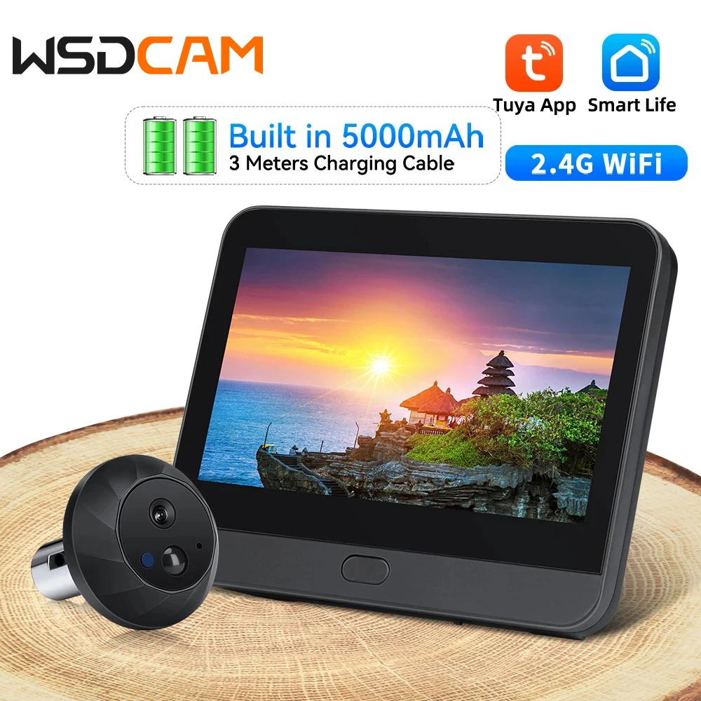 WSDCAM-PIR Campainha Detector de Movimento, Câmera Peephole, Gravação de Vídeo, Visão Noturna, Segurança Doméstica Mirilla, Wi-Fi, 6000mAh Bateria