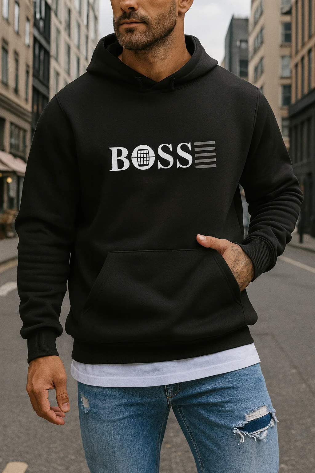 Must-Have Boss Sudadera con capucha minimalista para hombre para otoño invierno | Top deportivo casual de manga larga con bolsillo y diseño inglés