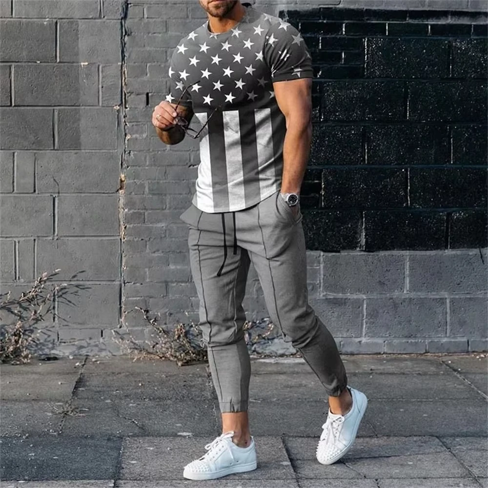 Men T Shirt Pants 2 Piece Sets Sportswear Print Bad Boy O Neck T Shirt+Long Pants Suit Tracksuits Sweatpants Outfits Men Clothes