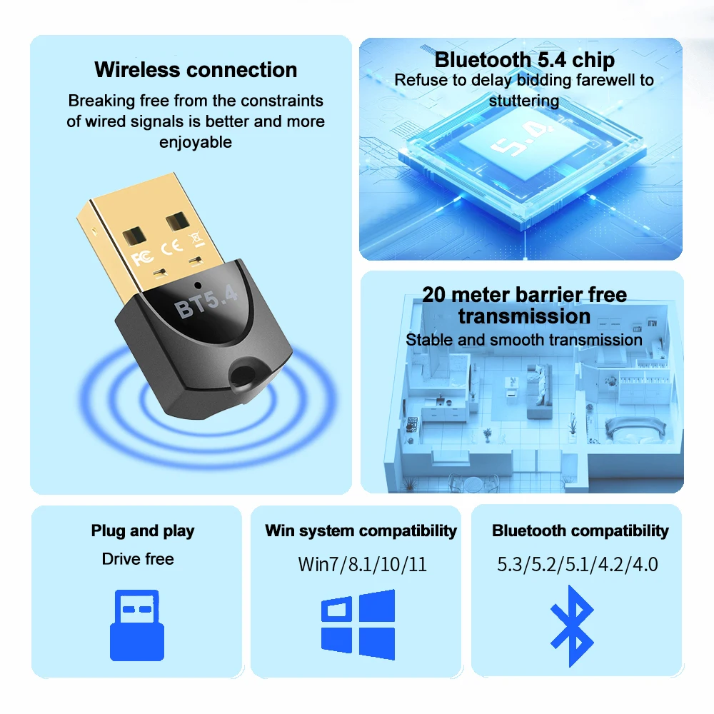 Bluetooth Adapter for PC Laptop Bluetooth 5.4 USB Dongle Receiver for Wireless Mouse Keyboard Speaker Music Audio Transmitter