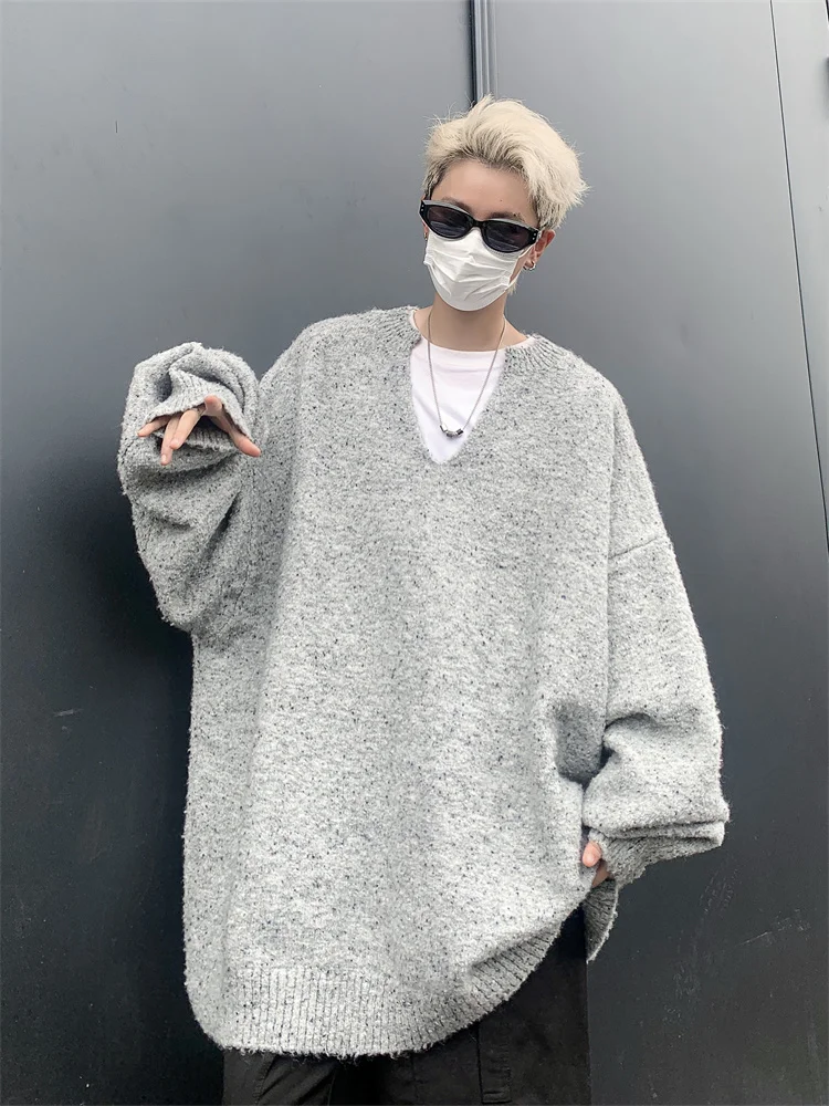 

Мужской вязаный свитер с V-образным вырезом, свободный крой, оверсайз, в японском винтажном стиле, для пар, молодежный, осенний, длинный рукав