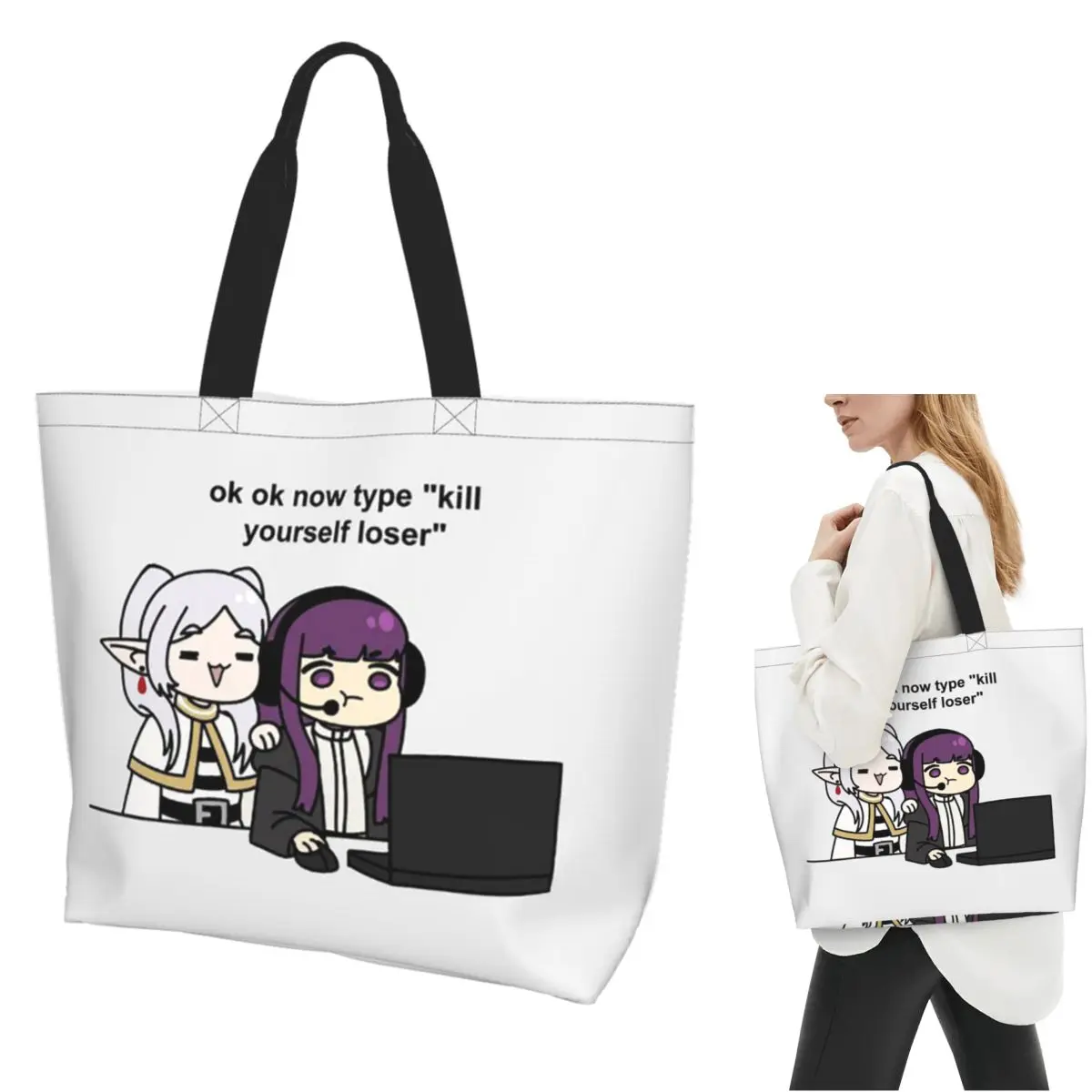 Gamer Fern And Frieren Classic Shopping Tote Bag Canvas Large Capacity Shoulder Bags Shopper Grocery Handbag for Women