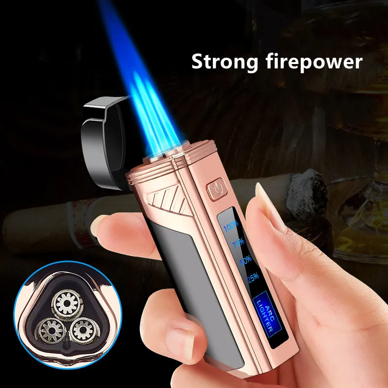 

New Touch Sensing Metal Outdoor Windproof Electric USB Lighter Turbo Three Torch Jet Power Display Cigar Lighter Cigar Tool