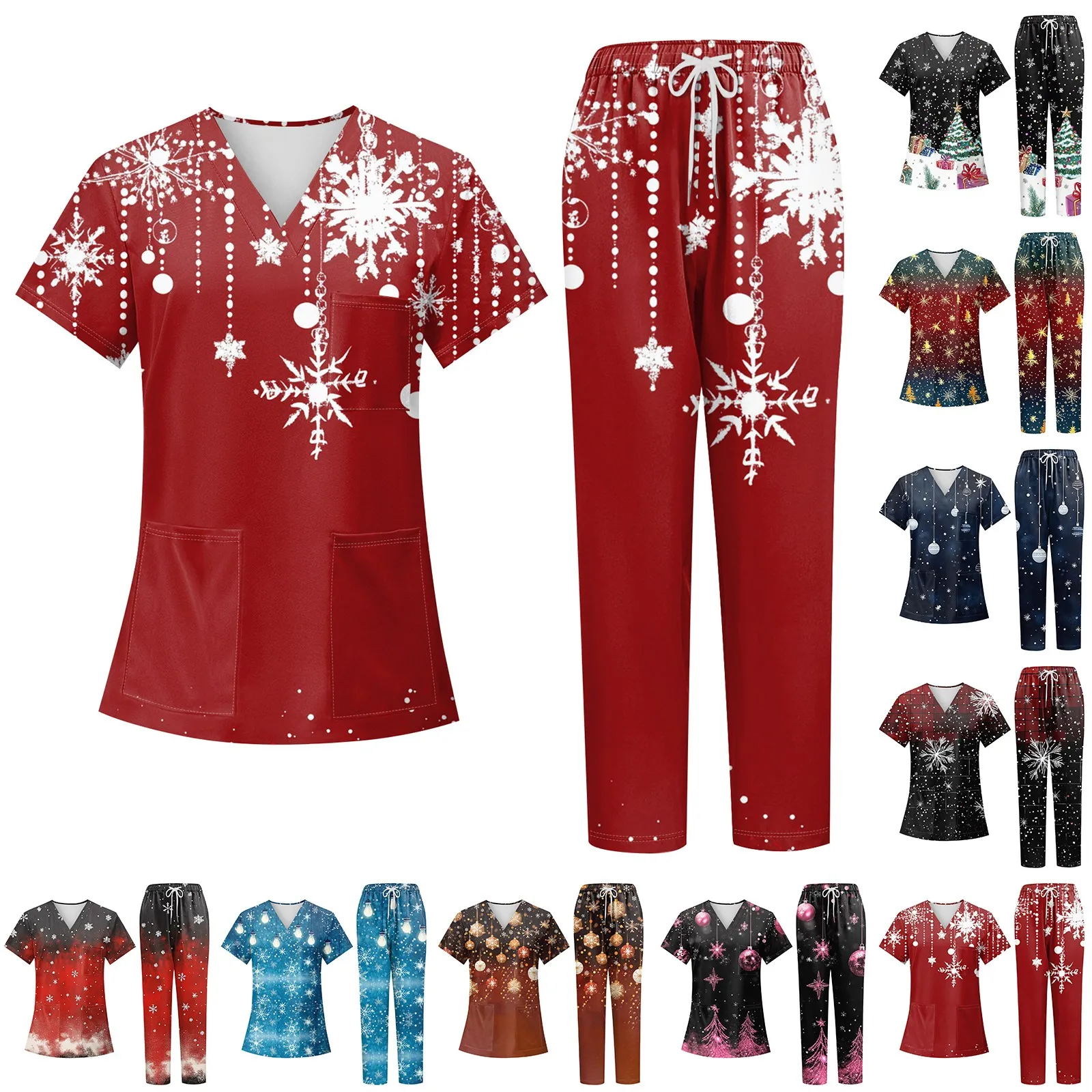 Feminino tema de natal manga curta topo e calças compridas roupas de trabalho conjunto de duas peças médico enfermeira uniformes cirúrgicos