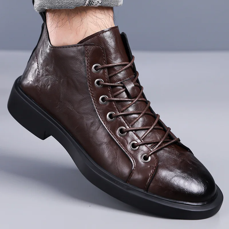 Men Mid Top Boots British Retro Round Toe Leather Ankle Boots Soft Sole Casual Work Short Boots Autumn Men Footwear Botas Hombre