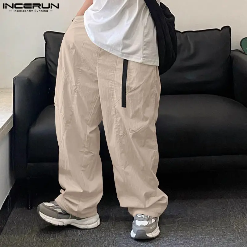 INCERUN 2024 Korean Style Trousers Fashion New Men's Loose Straight Leg Long Pants Casual Streetwear Solid Cargo Pantalons S-5XL