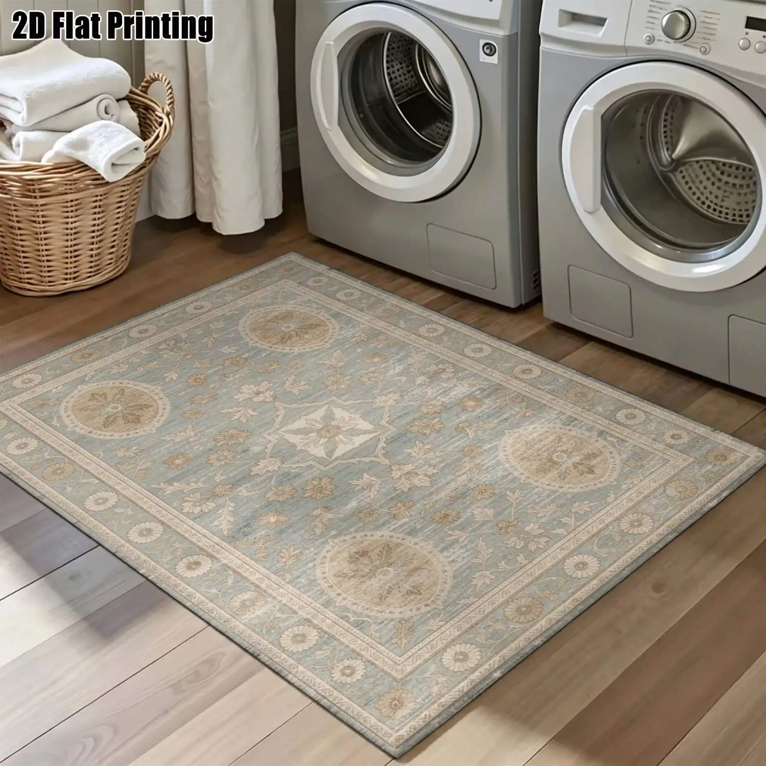 1Pc 2D Printed Carpet: Grey-Blue Retro European Floral, Nordic/Simple Style, Multi-Size, Machine Washable, for Entrance, Dining, Bedroom, Living Room & More Home Decor