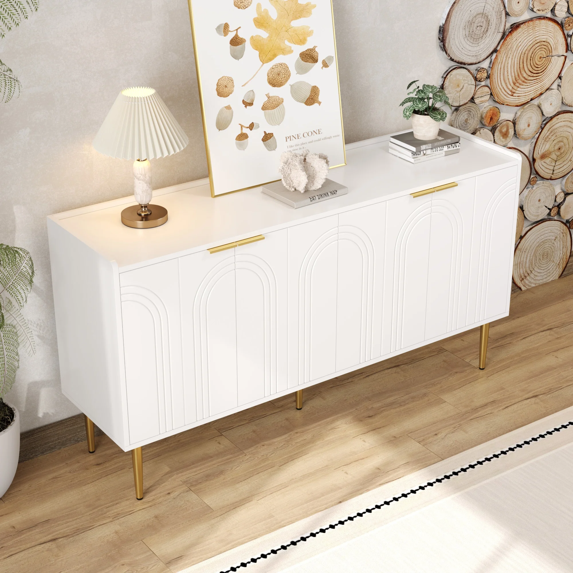 Buffet moderne blanc avec accents dorés, portes courbes embossées, armoire de rangement à 4 portes avec étagères réglables, meuble buffet pour salon, salle à manger, entrée, pieds en métal doré élégants