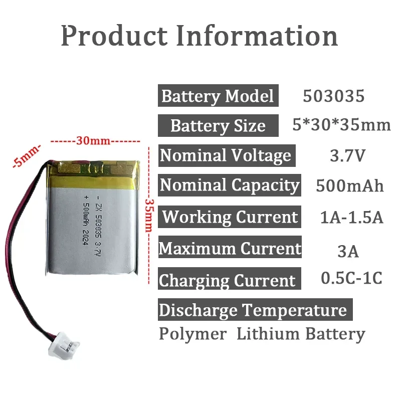 503035 Polymer Battery 3.7V 500mAh Lithium 3Volt Li Po Ion Lipo Rechargeable Batteries for Dvd GPS Navigation