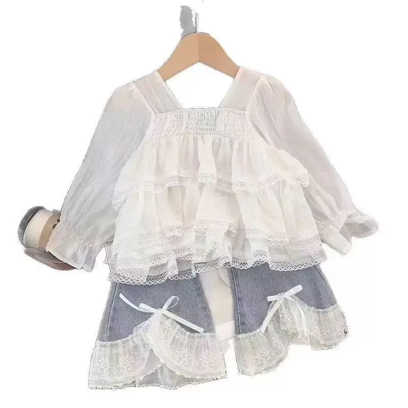 Girls Suit Spring and Autumn New Childrens Clothing Girls Baby Fashion Lovely Lace Top Jeans Two Sets Casual Simple 5