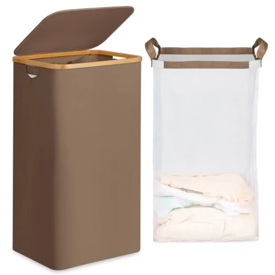 

26 Gal Laundry Basket with Lid and Net Bag Tall Laundry Hamper with Bamboo Handles Aesthetic Dirty Clothes Bin for Laundry Room