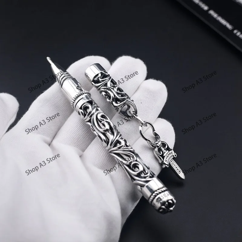 Vintage cross hollow engraved metal 925 silver signature pen ballpoint pen high-end business gender-neutral pen gift men