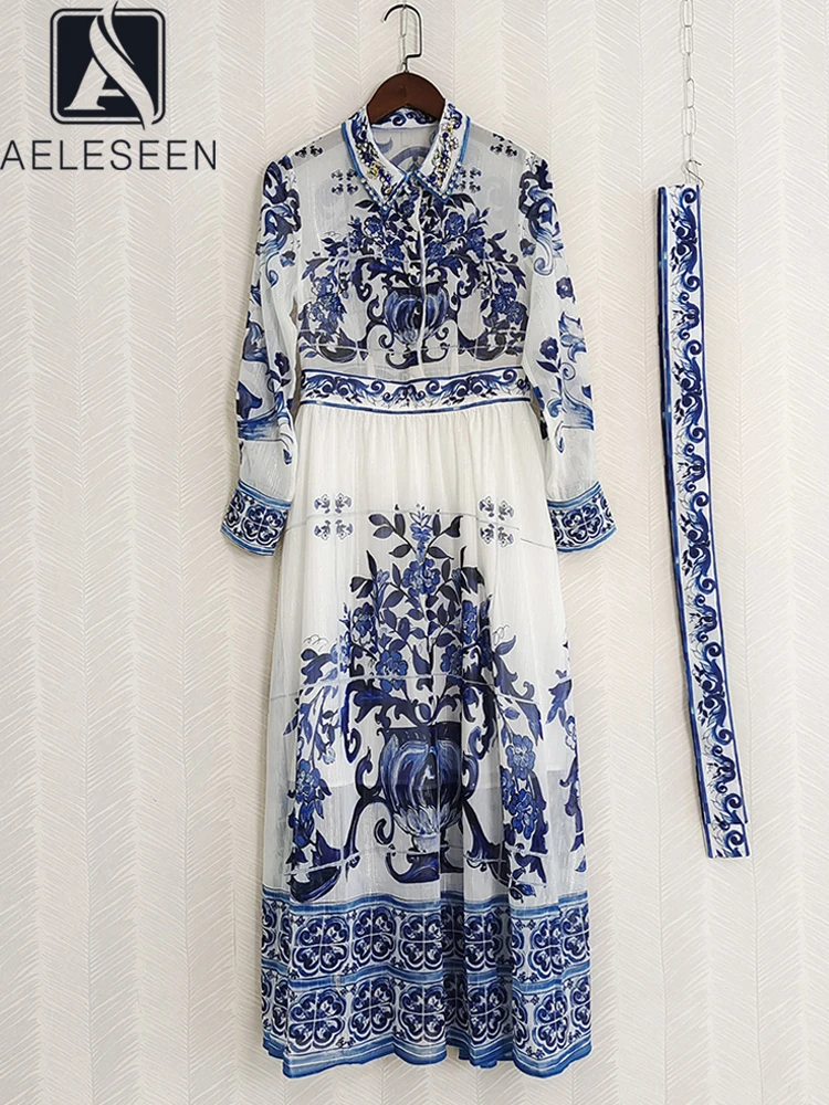 

AELESEEN Designer Fashion Women Dress 2023 Spring Summer Porcelian Blue Flower Print Belt Beading Sequined Long Elegant Party