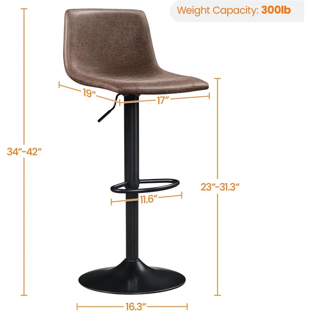 Bar Stools Set of 4, Armless Adjustable Swivel Barstools with Back and Footrest, PU Leather Counter Height Bar Chairs Brown