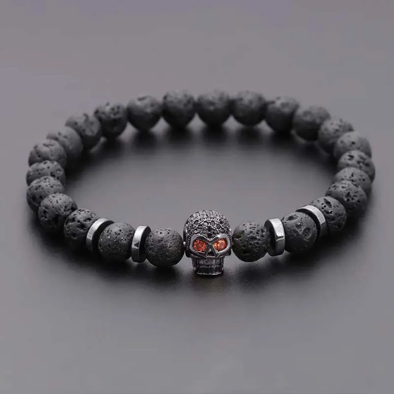 Black Eye Skull Hematite Bead Bracelet Men Classic Handmade 8mm Lava Stone Charm Bracelet For Men Jewelry Gift