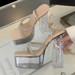 Eilyken Fashion Tansparent High Heels Platform Women Sandals Designer Crystal Diamond Ankle Lace-up Banquet Female Shoes