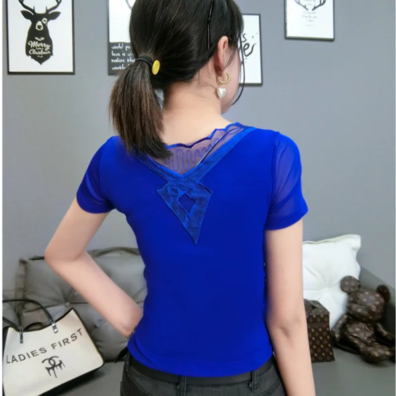 High Quality Summer Mesh T-Shirt Women Flower Diamonds Slim Sexy Tops Elegant Hollow Out V-Neck Short Sleeve Korean Female Tees