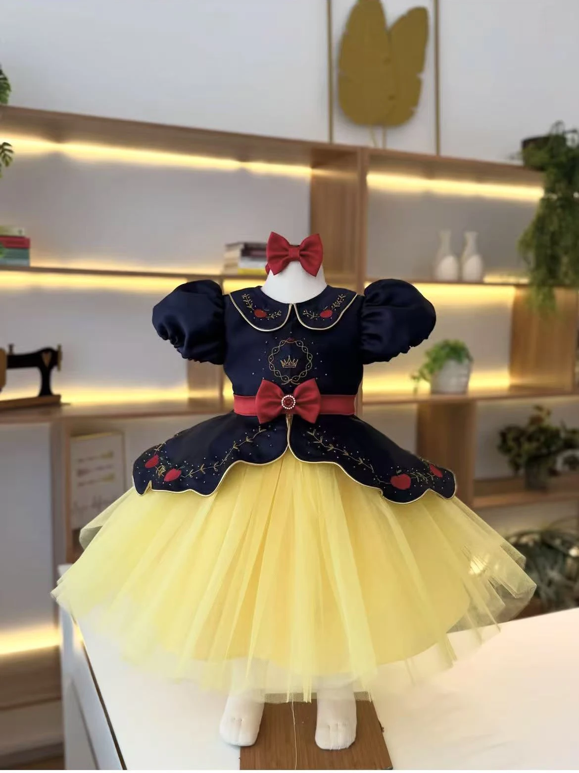 Summer Baby Girl Crown Apple Embroidery Bow Deep Blue Yellow Mesh Fluffy Dress For Casual Party Birthday Wedding Photograph