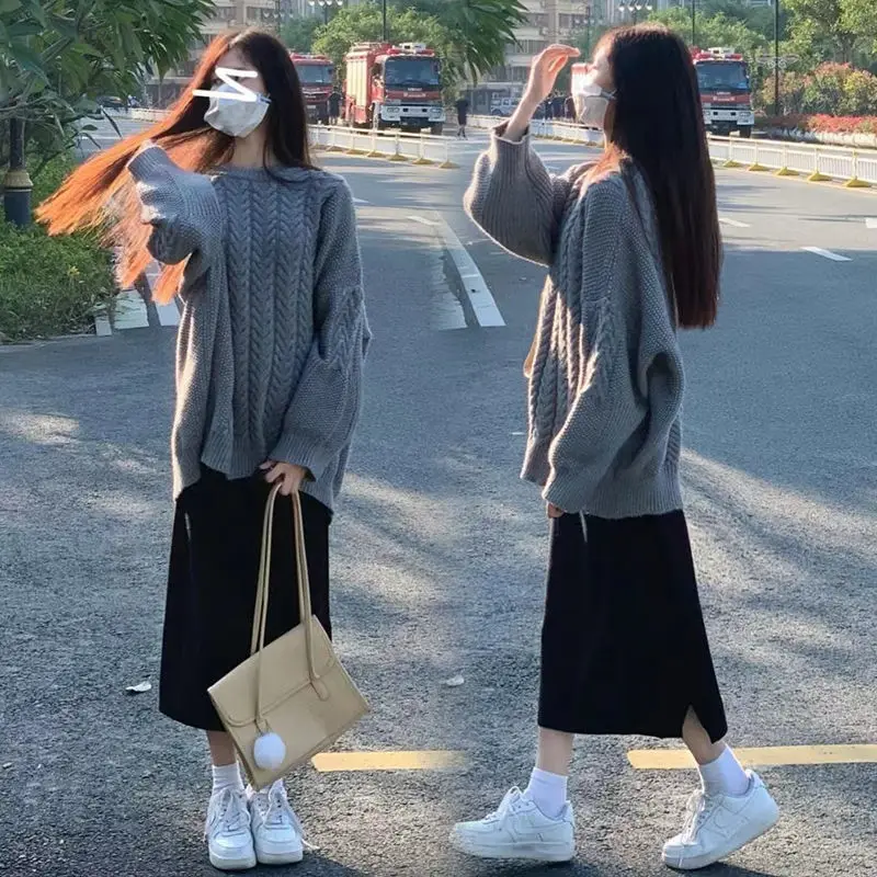 Women Autumn Winter Loose Sweater Knit Skirts 1 or 2 Piece Set 2023 Korean Lady Casual Daily Simple Pure Color Tops Skirts Suits