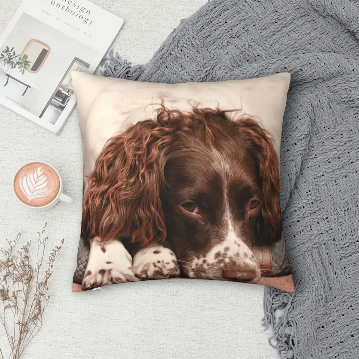 English Springer Spaniel Square Pillowcase Polyester Linen Velvet Pattern Zip Decorative Home Cushion Cover