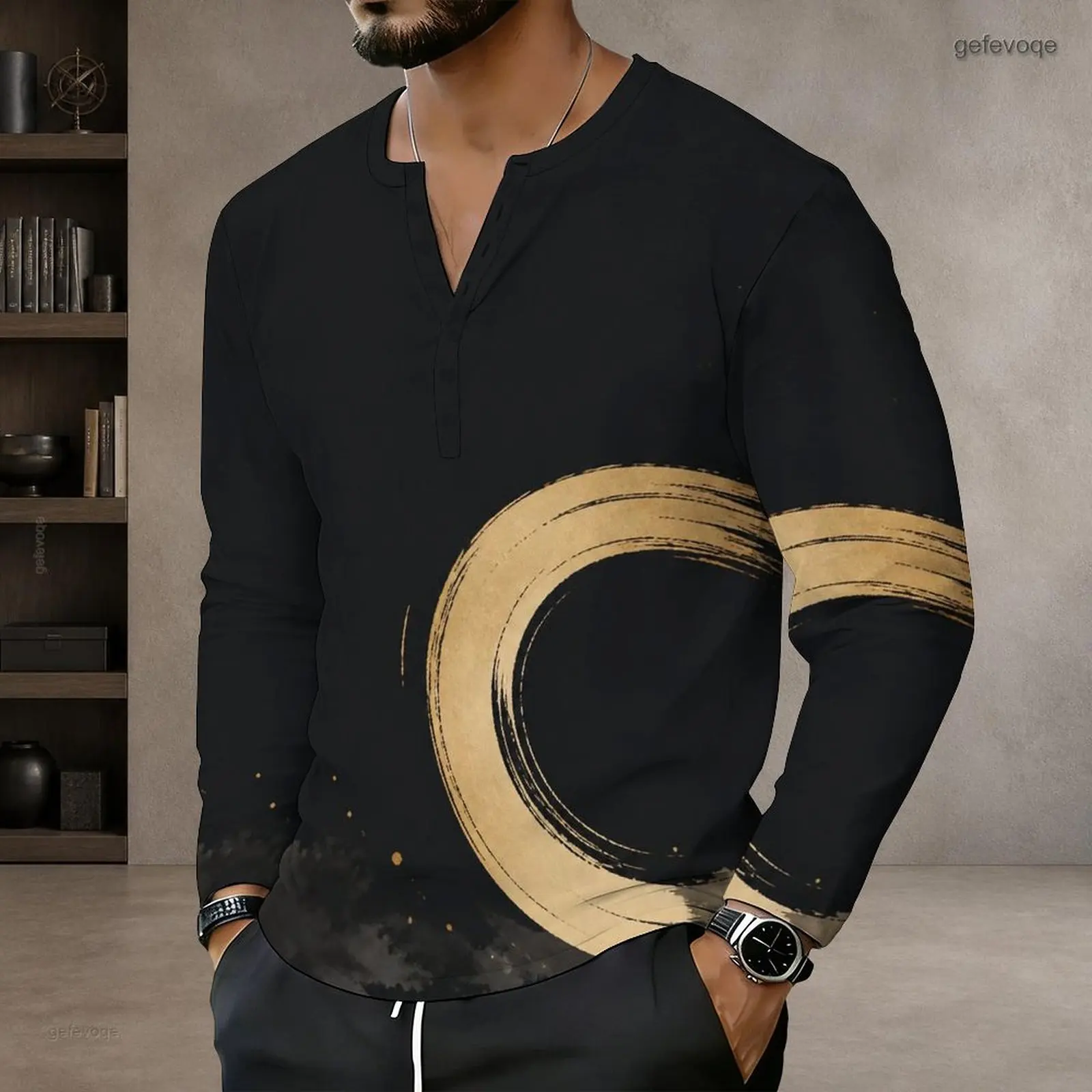 Men Top with Print Notch Neck Long Sleeve Pullover Straight Hem