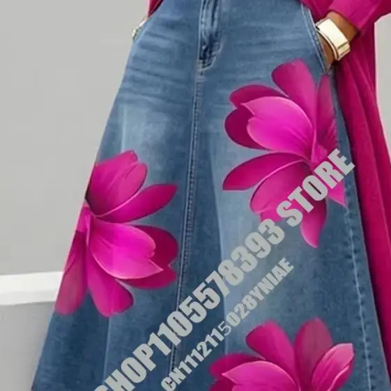 Streetwear Women's Red Floral Print Denim Midi Skirt High Waist A-Line Casual Swing Skirt Trendy Plus Size Flared Jean Skirt