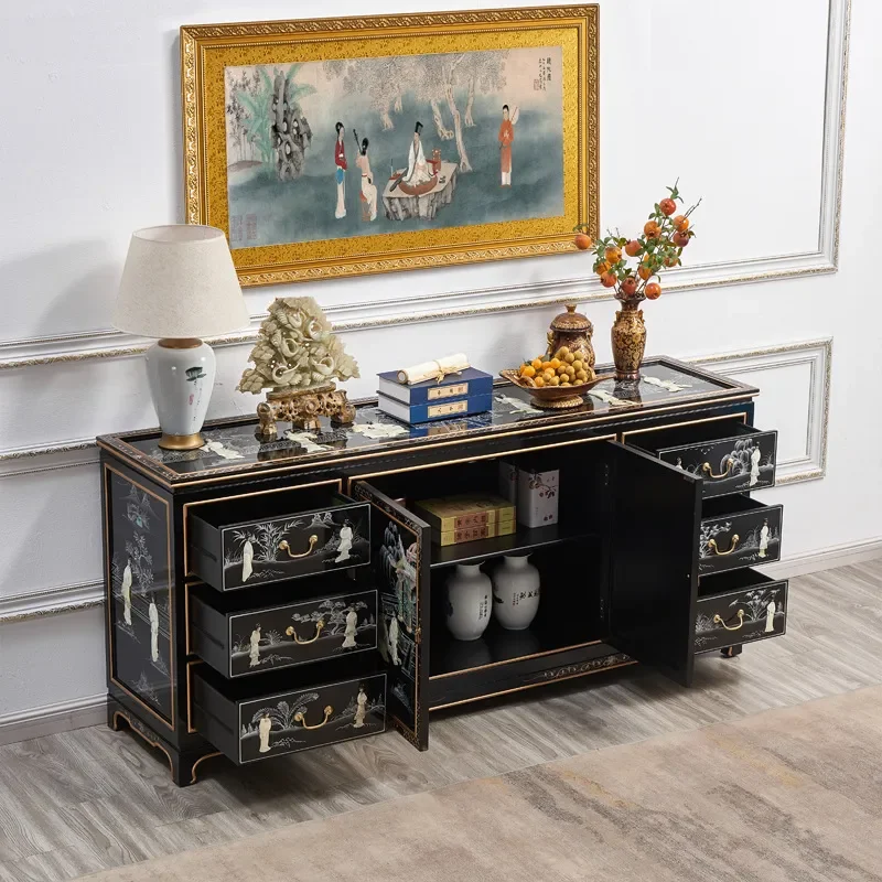 Piano Paint Solid Wood Shell Six Bucket Two Door Cabinet Dining Side Cabinet Luodian Craft Ming and Qing Classical Painted