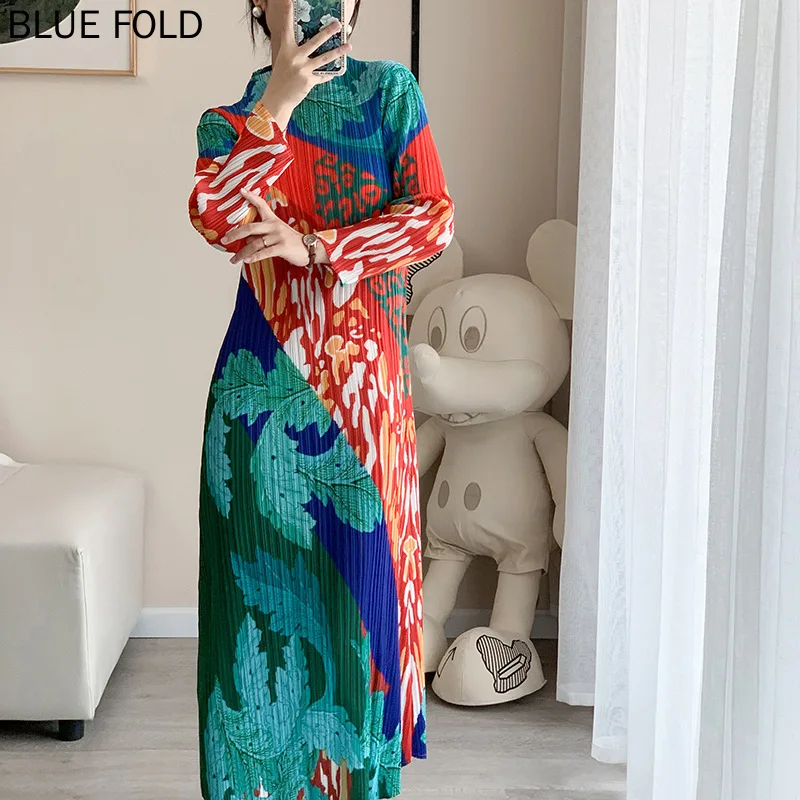 

Miyake Pleated French Fashion Dress for Women, Feminine High-end Printed Slim Long Dress, PLEATS, Spring Robe, New