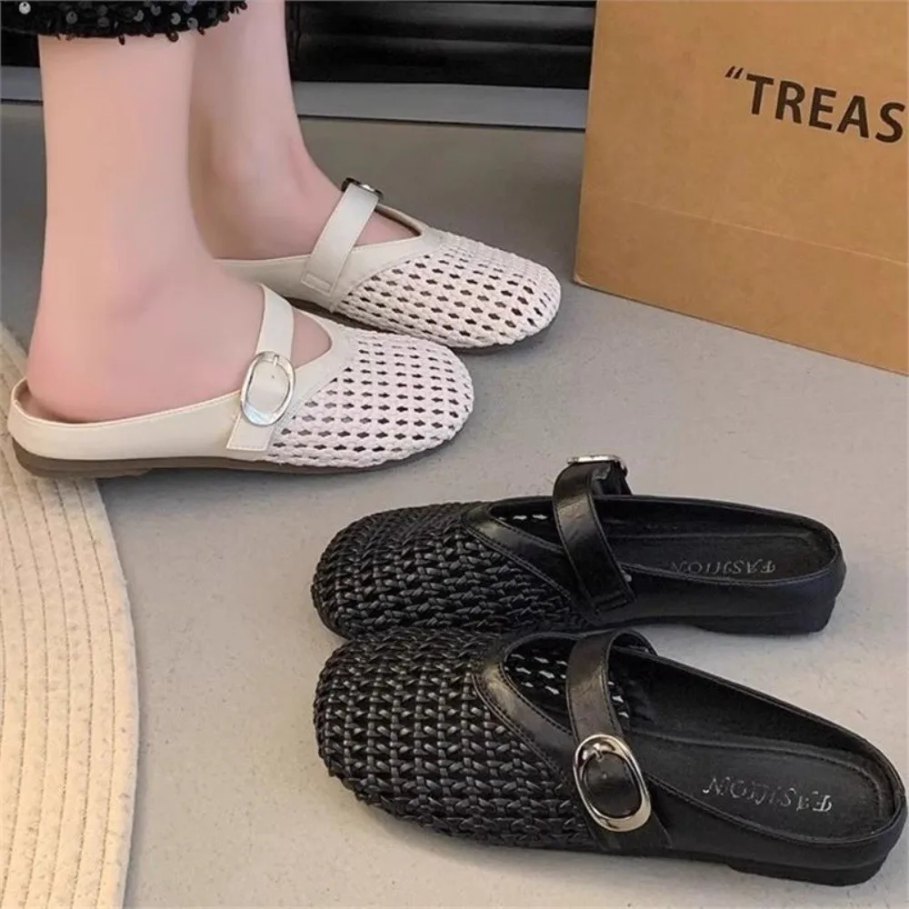1Pair Casual Mesh Hollow Baotou Half Slippers Lightweight Soft Bottom Flat Bottom Slippers Comfortable Woven Flat Shoes Summer