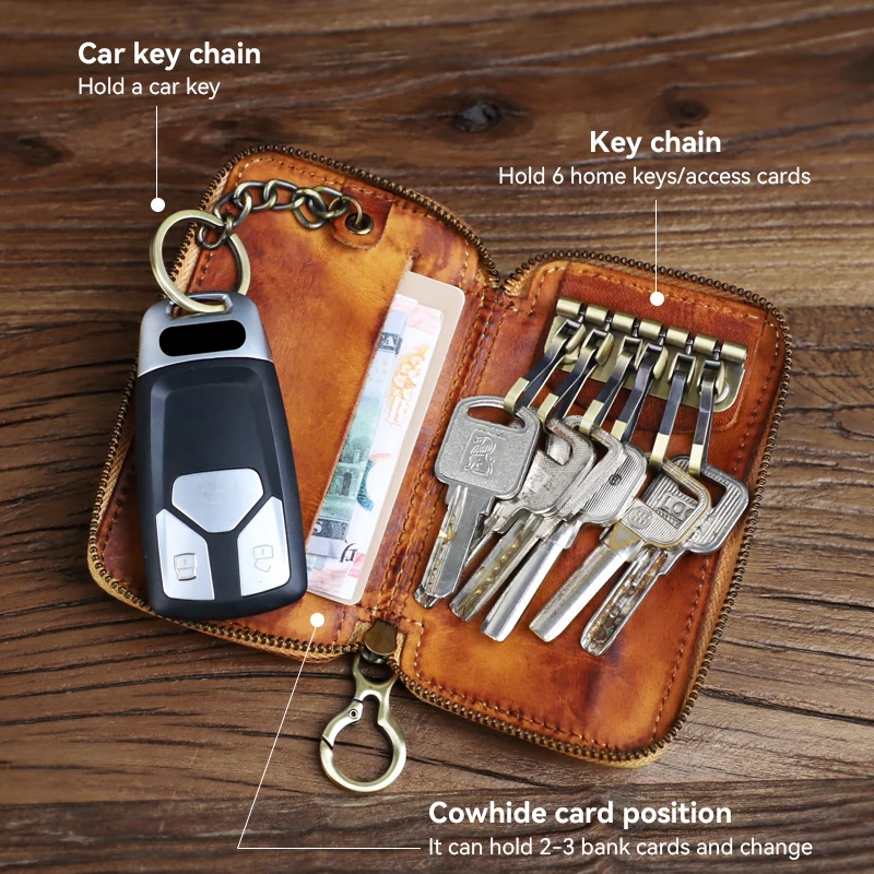 100% Genuine Leather Key Wallet Men Car Key Holder Zipper Key Case Top Quality Male Man Housekeeper Waist Hanging Keys Organizer