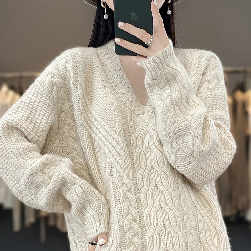 New Arrivals Large size Hollow Out Women's Sweater 100% Merino Wool O-Neck Pullovers Loose-fitting Knitted Jumpers Lady Clothing