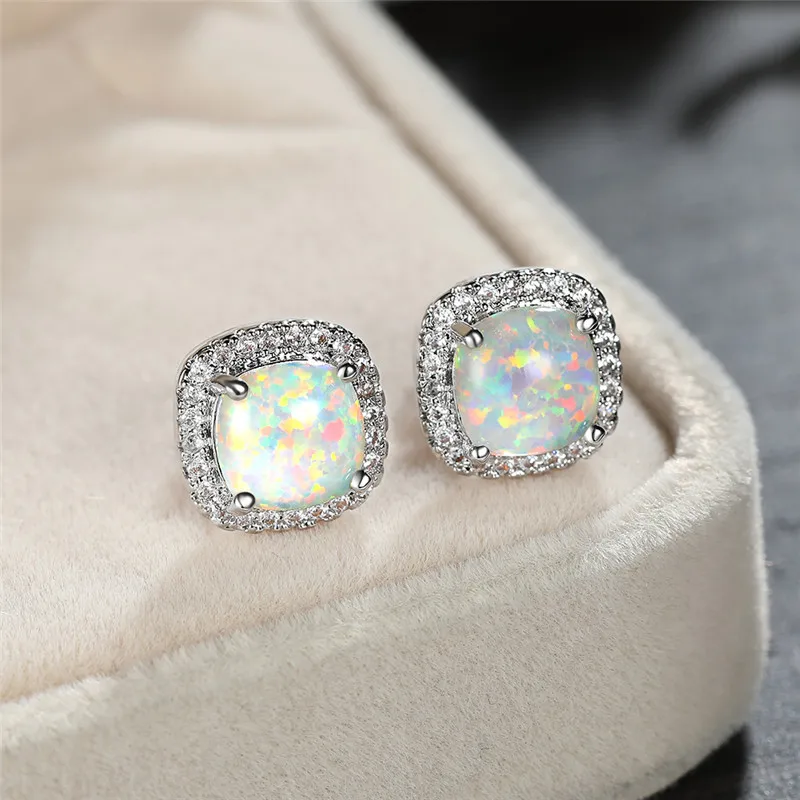 Women's Cute White Fire Opal Stone Round Stud Earrings