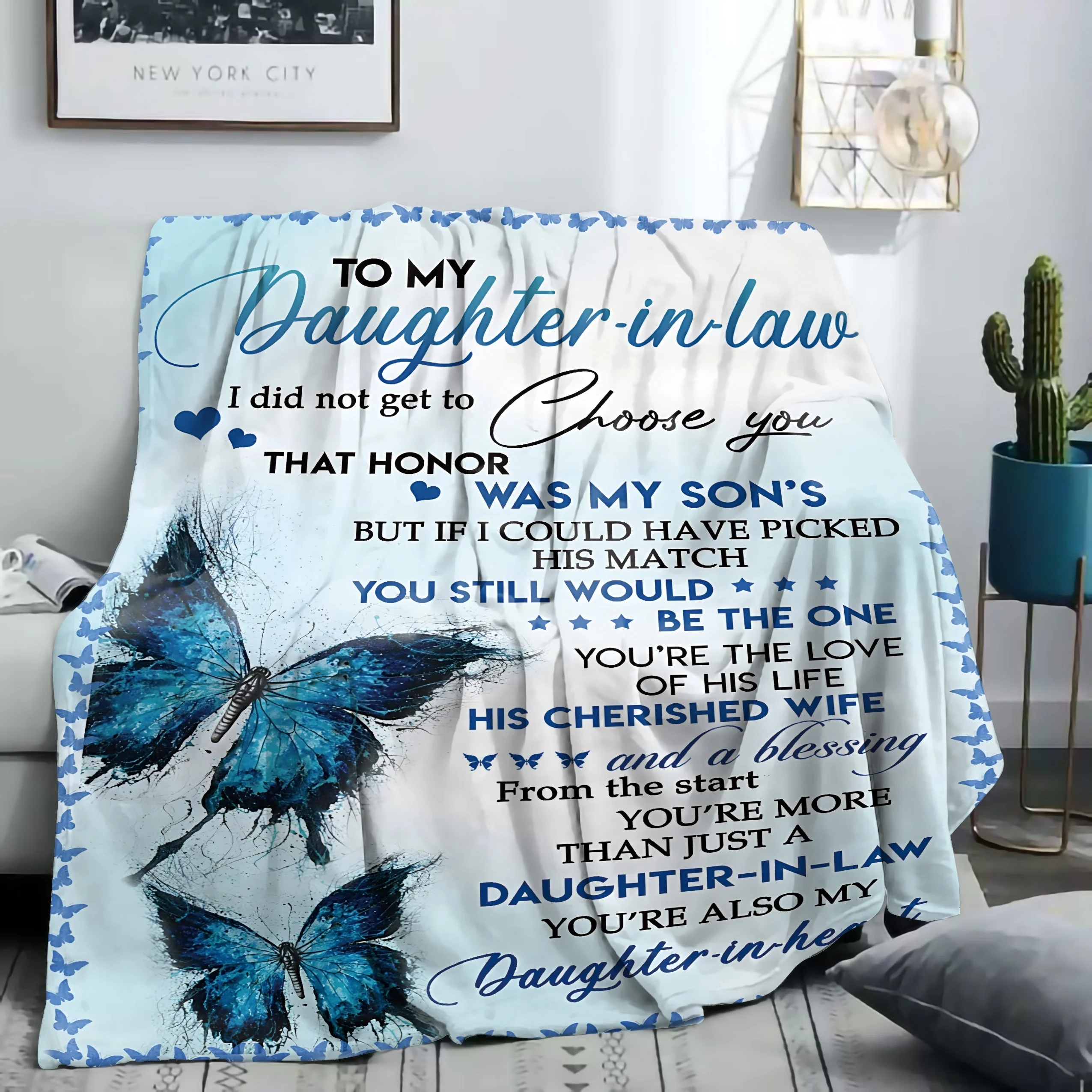 

Heartfelt Butterfly Fleece Blanket for Daughter-in-Law Touching Message from Mother Father Soft Cozy All-Season Throw